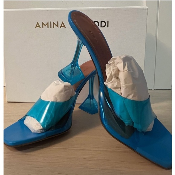 Amina Muaddi Shoes - Amina Muaddi Lupita Glass Pvc Mules - Blue - Size 37.5 / US 7